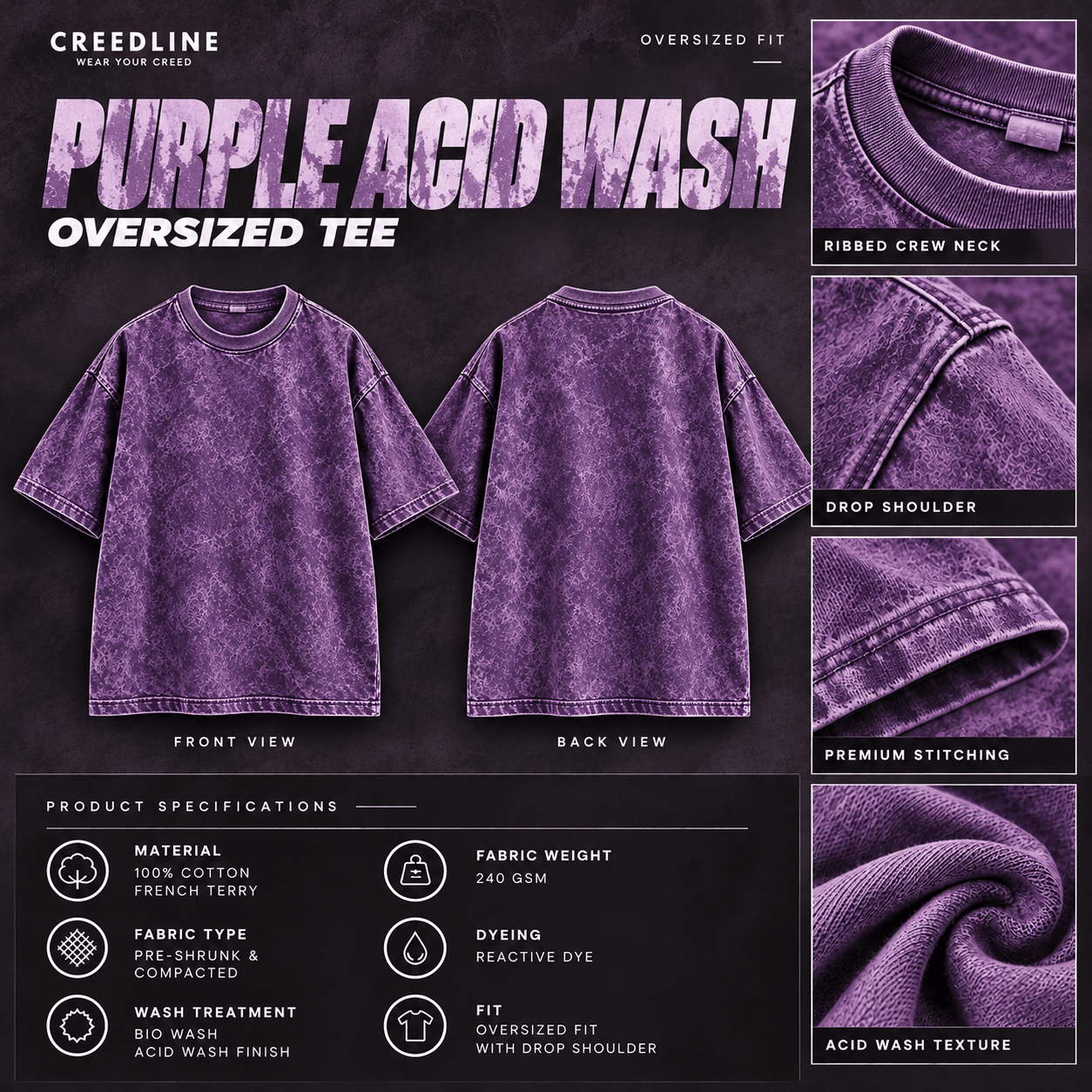 240 GSM heavyweight Puple Oversized Tshirt - 100% Cotton